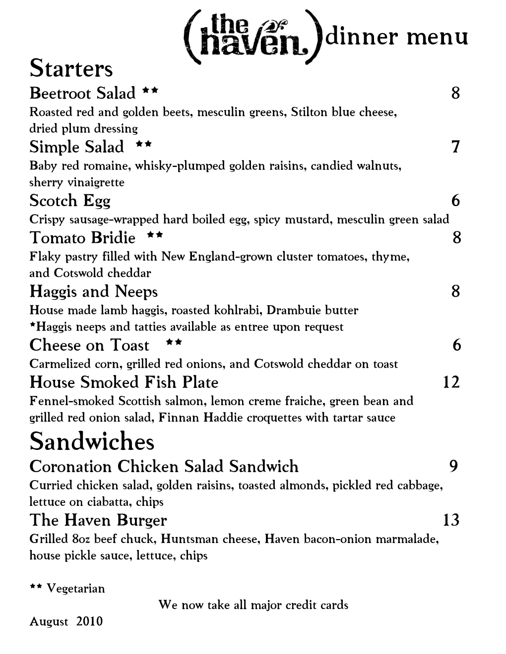 Starters Sandwiches Dinner Menu