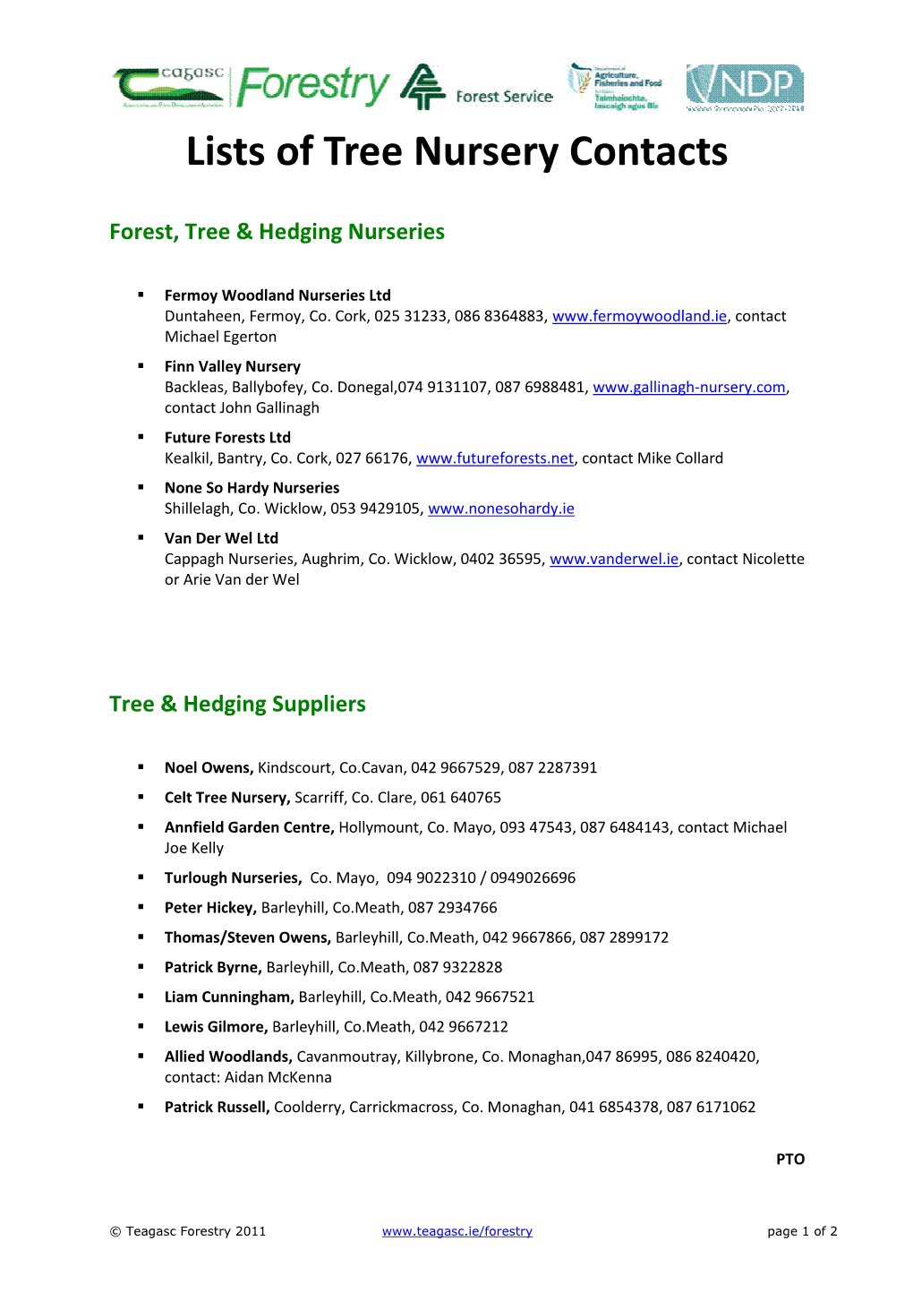 Lists of Tree Nursery Contacts