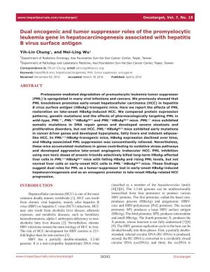Dual Oncogenic and Tumor Suppressor Roles of the Promyelocytic Leukemia Gene in Hepatocarcinogenesis Associated with Hepatitis B Virus Surface Antigen