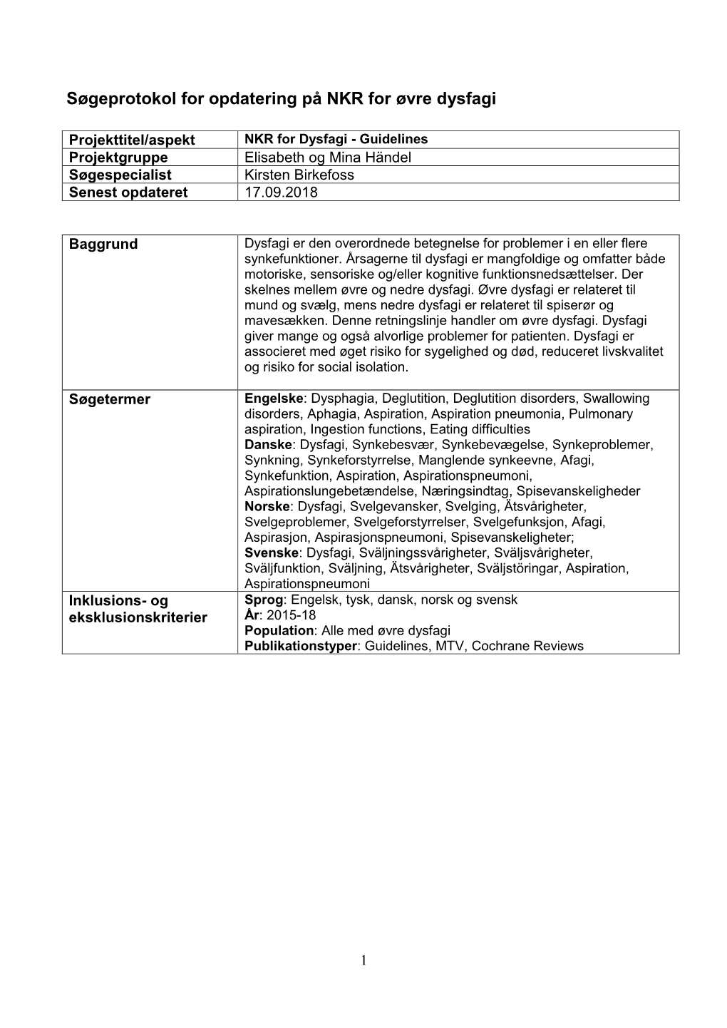 Søgeprotokol for Opdatering På NKR for Øvre Dysfagi