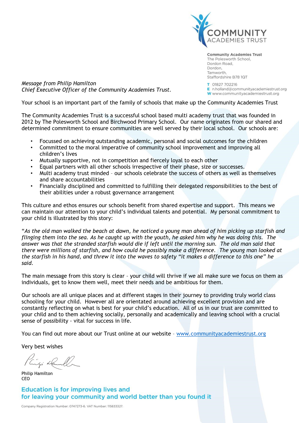 Message from Philip Hamilton Chief Executive Officer of the Community Academies Trust