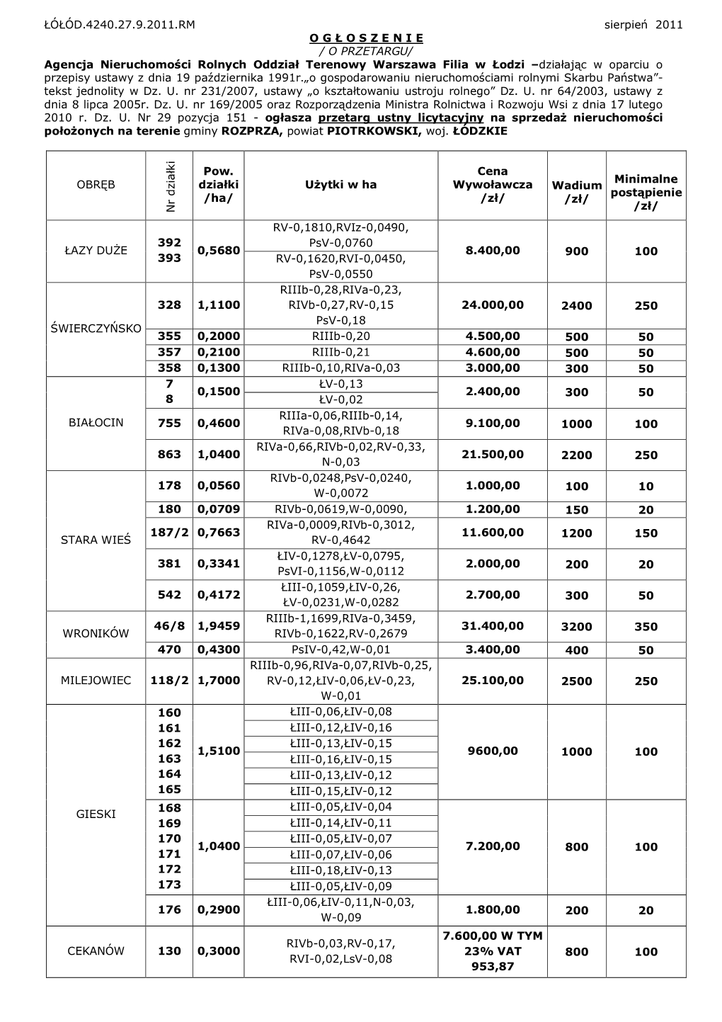 ŁÓŁÓD.4240.27.9.2011.RM Sierpień 2011 O G Ł O S Z E N I E / O