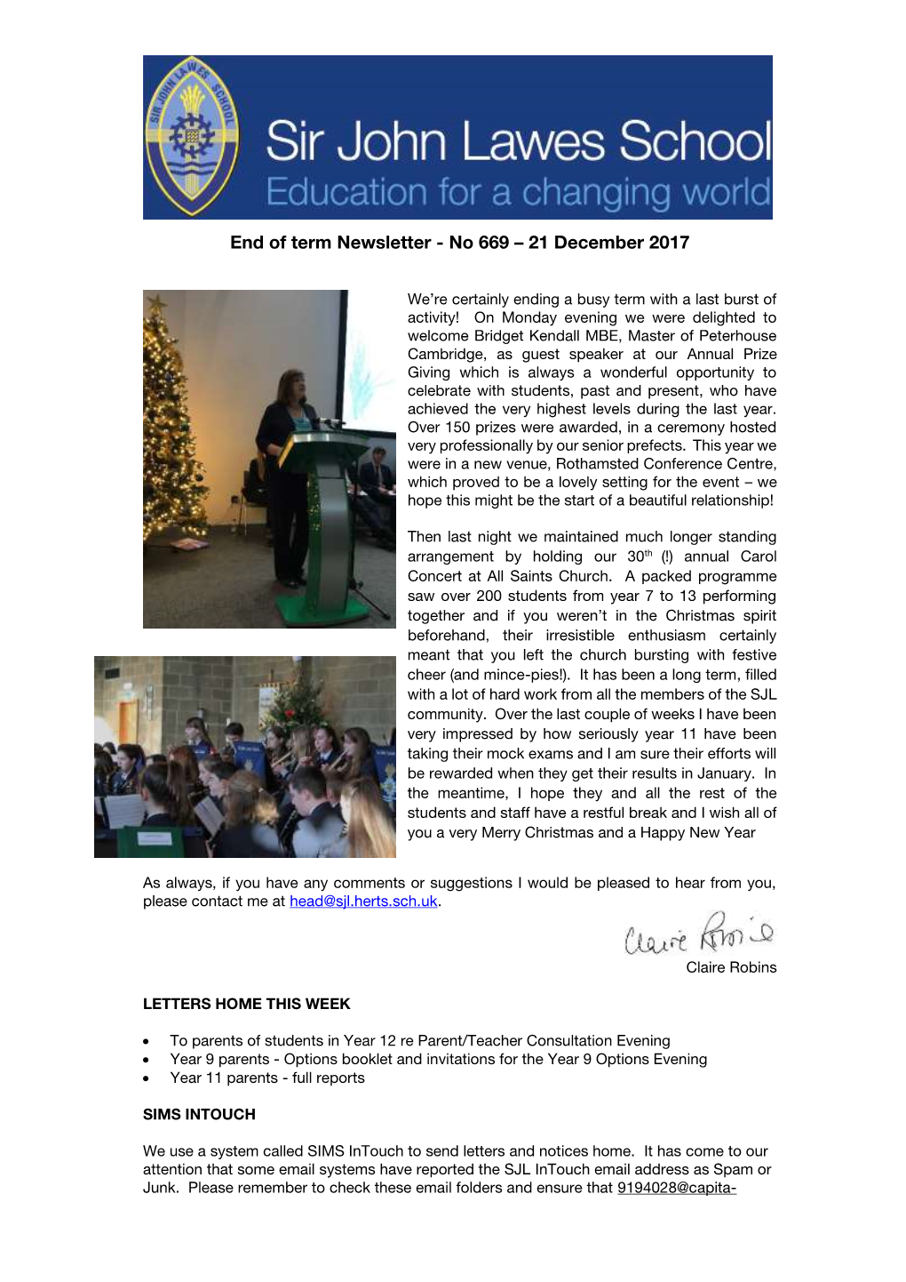 End of Term Newsletter - No 669 – 21 December 2017