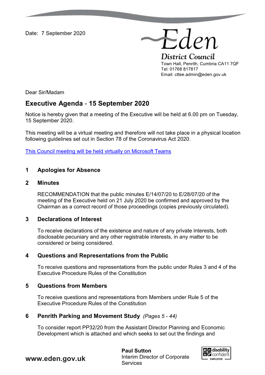 (Public Pack)Agenda Document for Executive, 15/09/2020 18:00