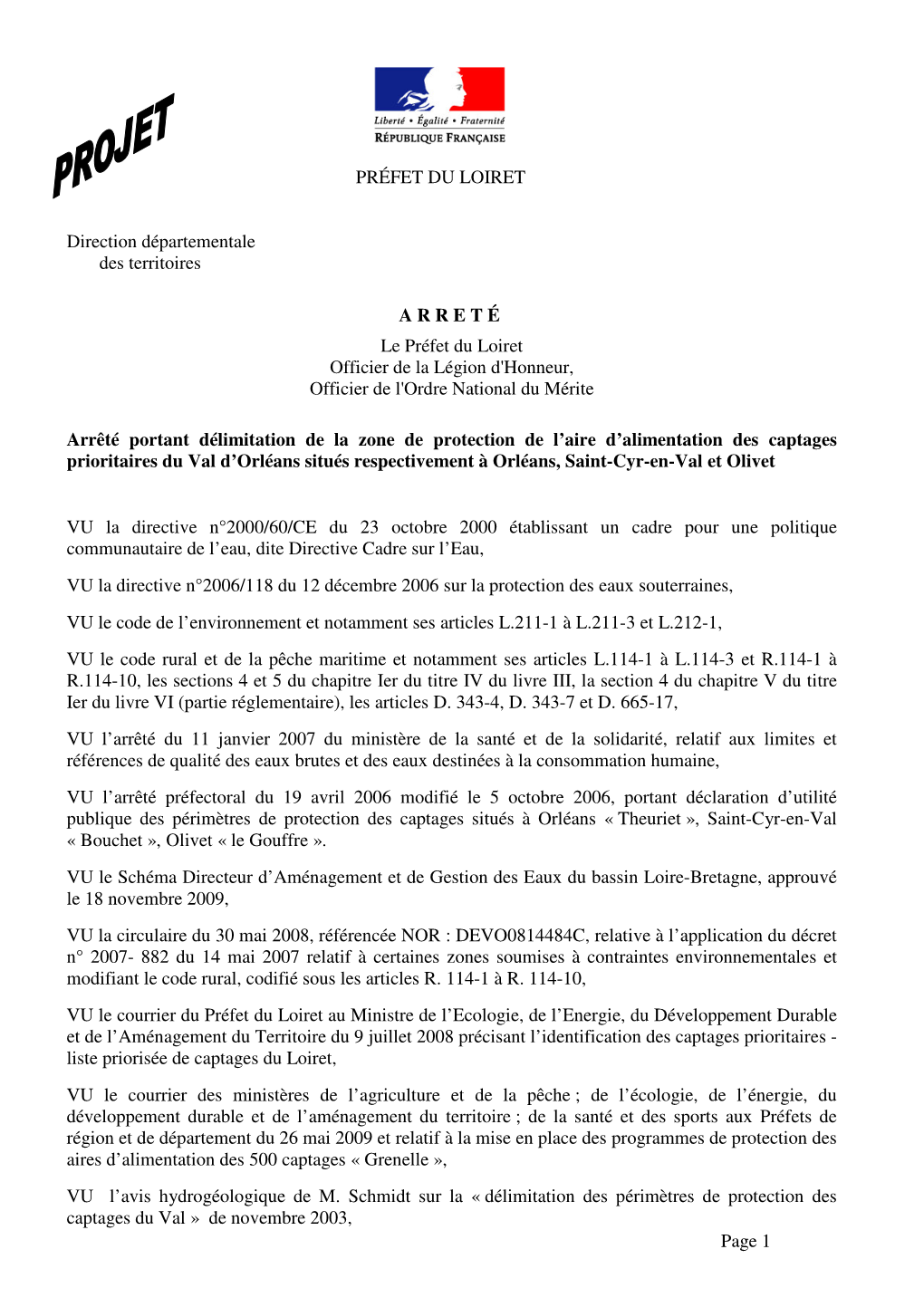 Page 1 PRÉFET DU LOIRET Direction Départementale Des Territoires