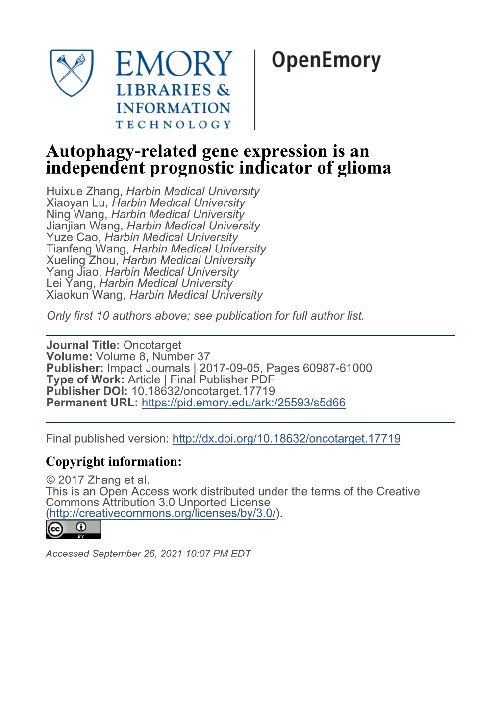 Autophagy-Related Gene Expression Is an Independent