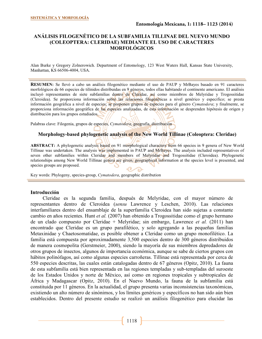 Coleoptera: Cleridae) Mediante El Uso De Caracteres Morfológicos