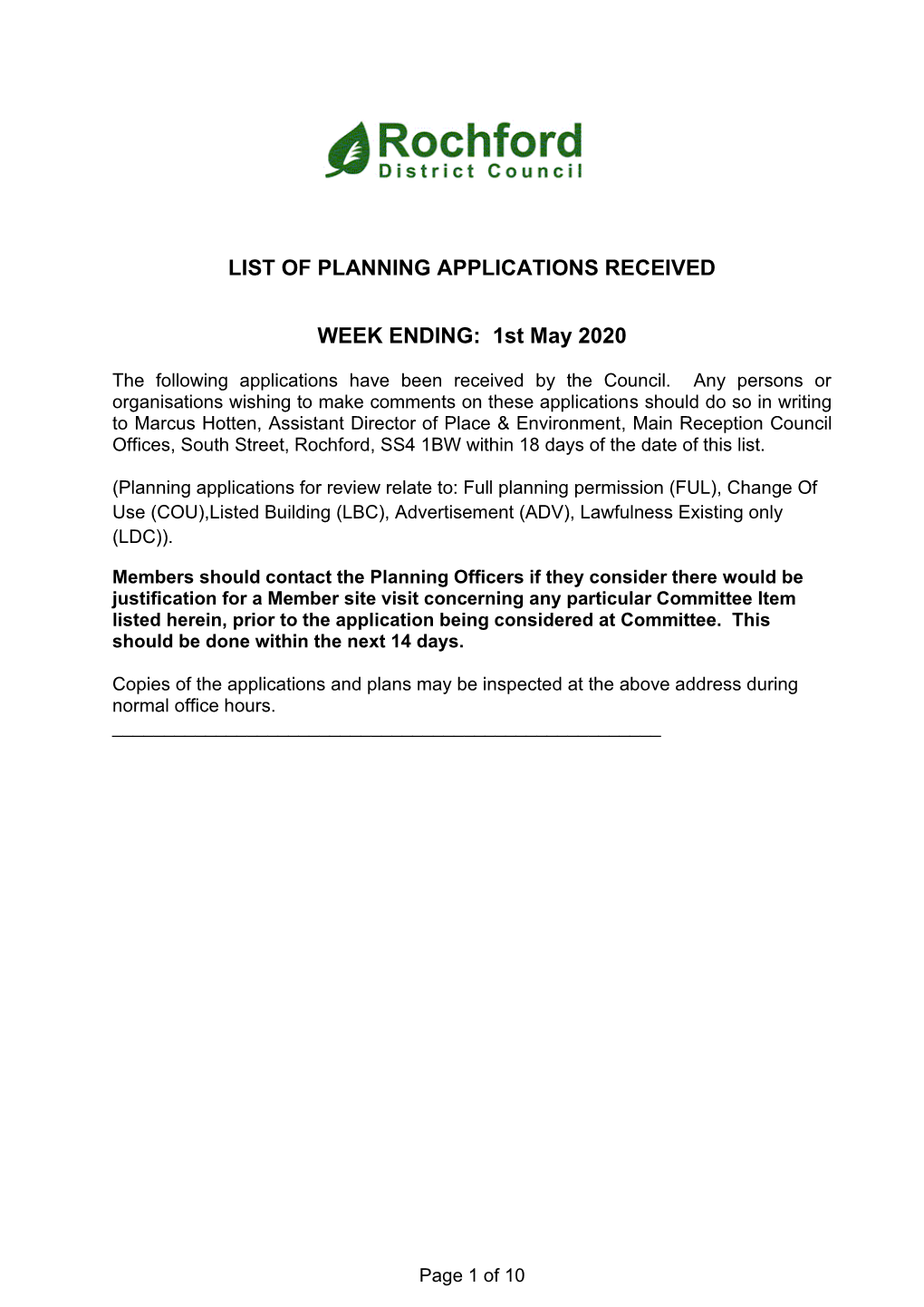 List of Planning Applications Received