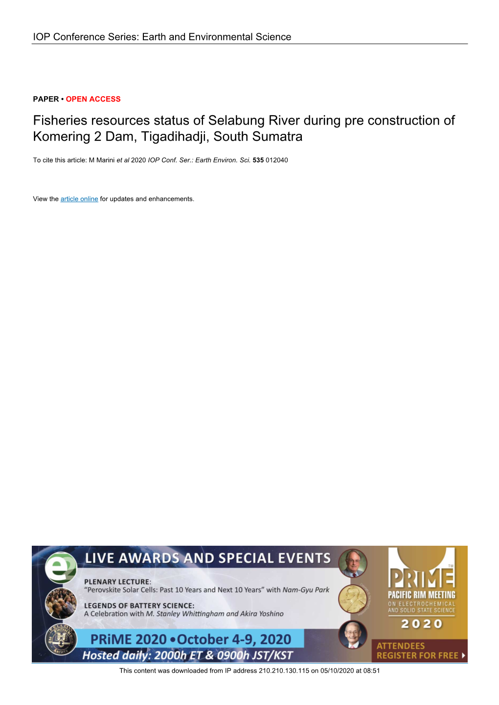 Fisheries Resources Status of Selabung River During Pre Construction of Komering 2 Dam, Tigadihadji, South Sumatra