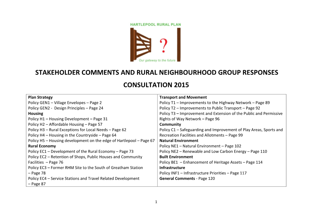 Stakeholder Comments and Rural Neighbourhood Group Responses Consultation 2015