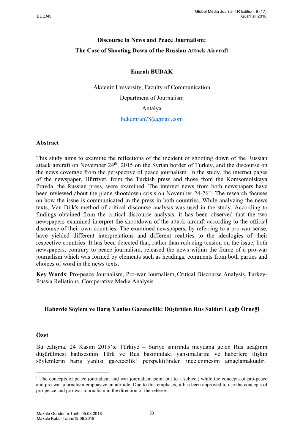 Discourse in News and Peace Journalism: the Case of Shooting Down of the Russian Attack Aircraft