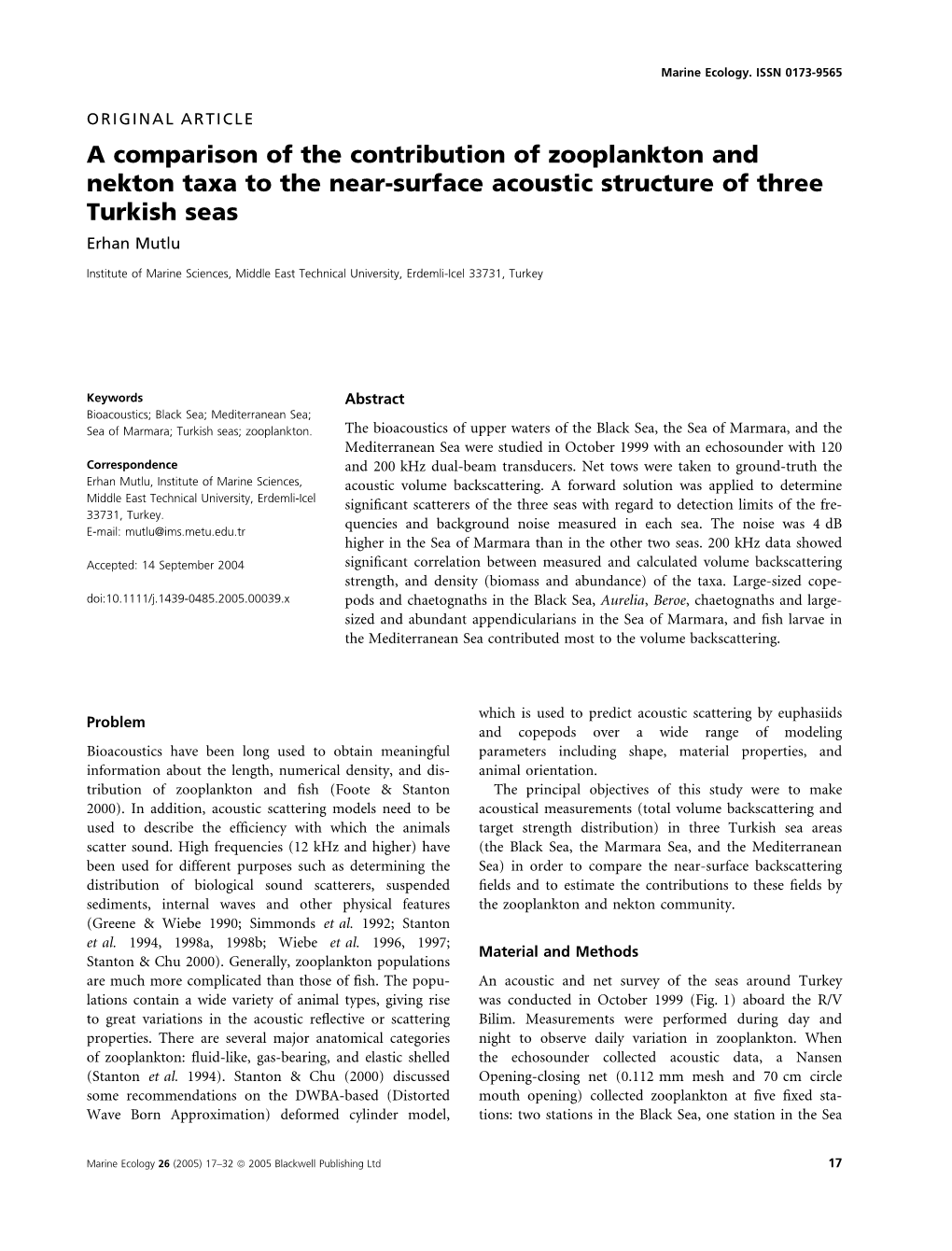 A Comparison of the Contribution of Zooplankton and Nekton Taxa to the Near-Surface Acoustic Structure of Three Turkish Seas Erhan Mutlu