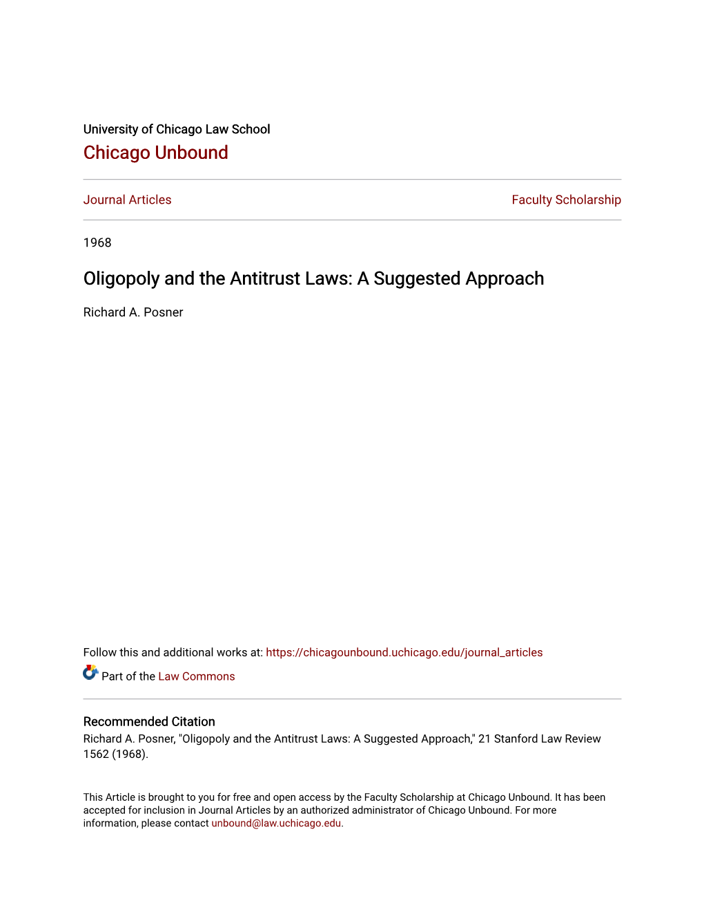 Oligopoly and the Antitrust Laws: a Suggested Approach