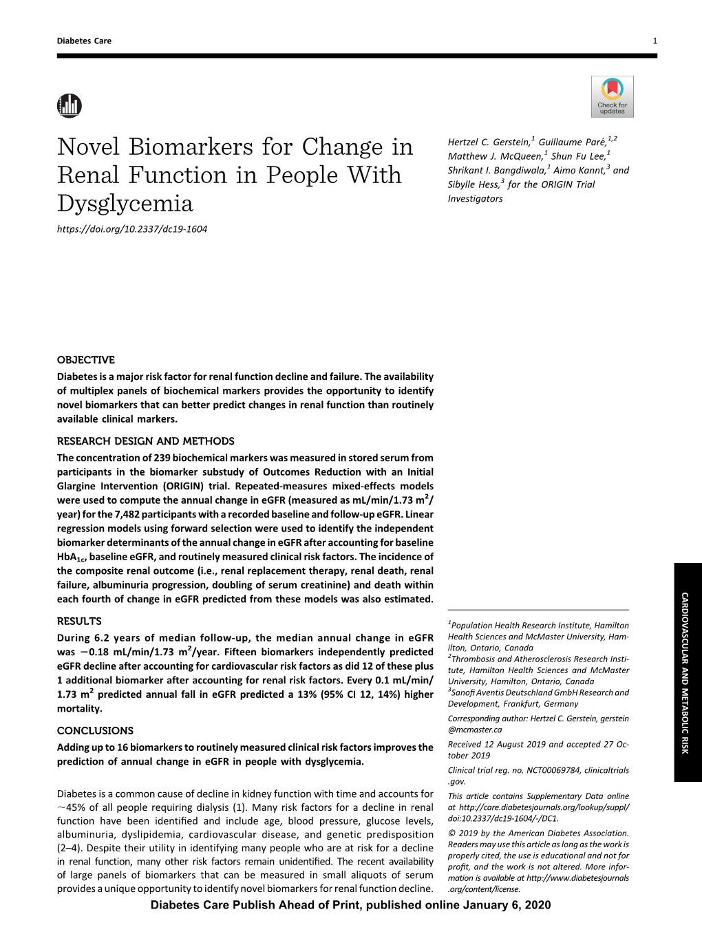 Novel Biomarkers for Change in Renal Function in People With