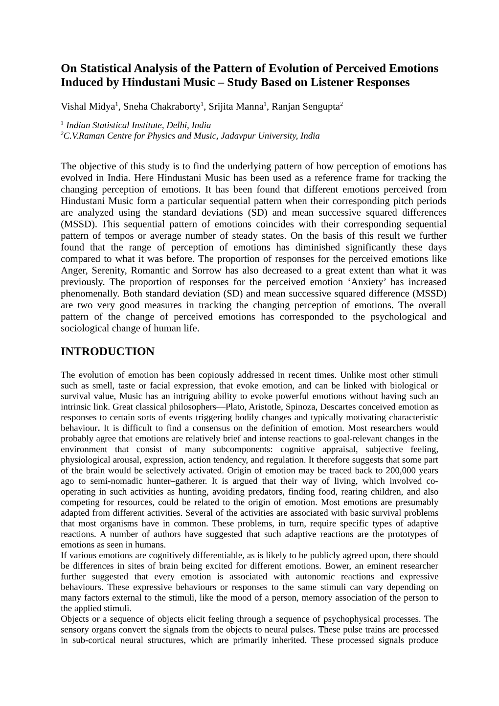 On Statistical Analysis of the Pattern of Evolution of Perceived Emotions Induced by Hindustani Music – Study Based on Listener Responses