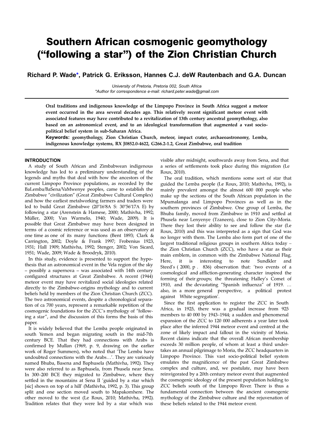 Southern African Cosmogenic Geomythology (“Following a Star”) of the Zion Christian Church