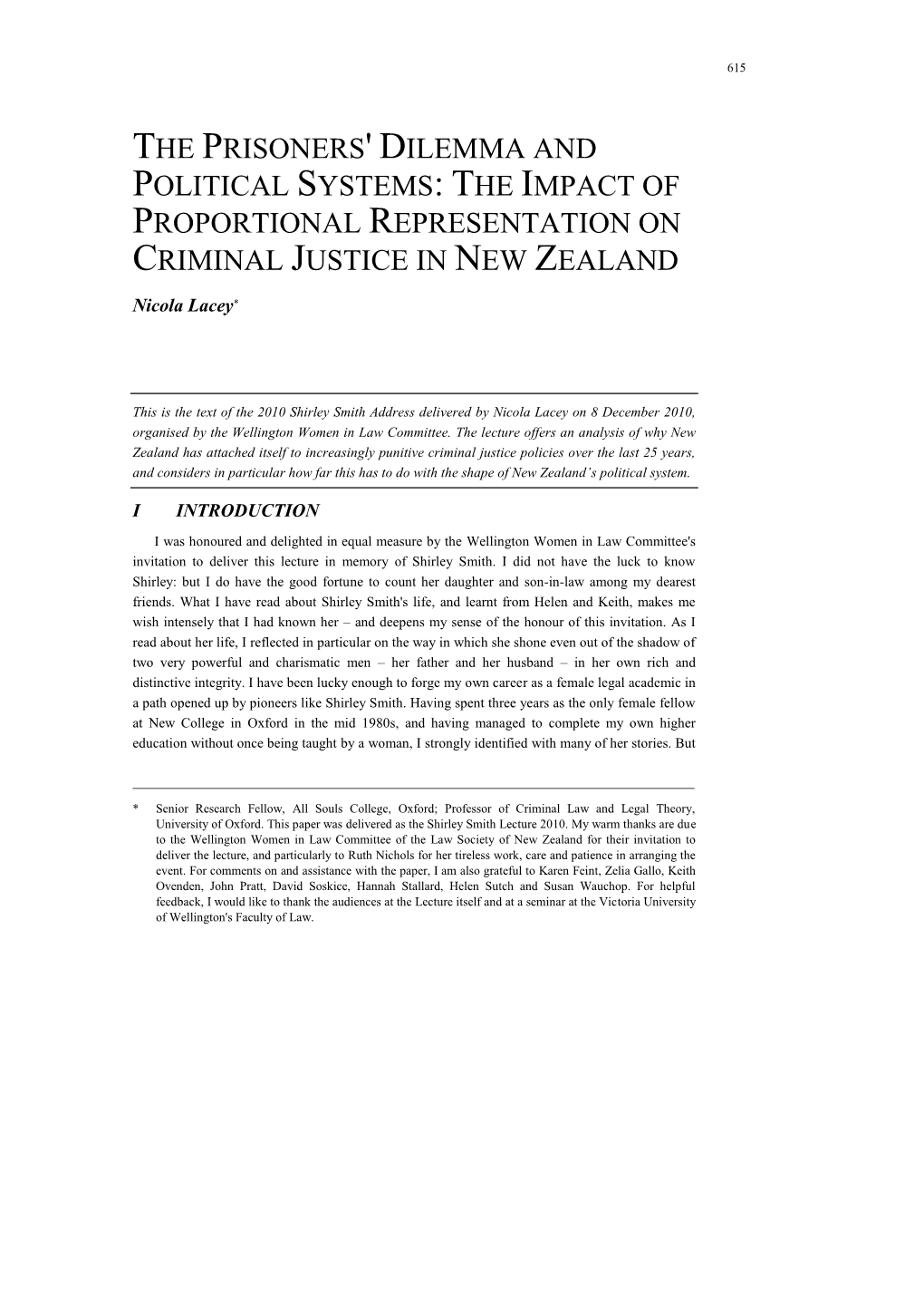 The Prisoners' Dilemma and Political Systems: the Impact of Proportional Representation on Criminal Justice in New Zealand