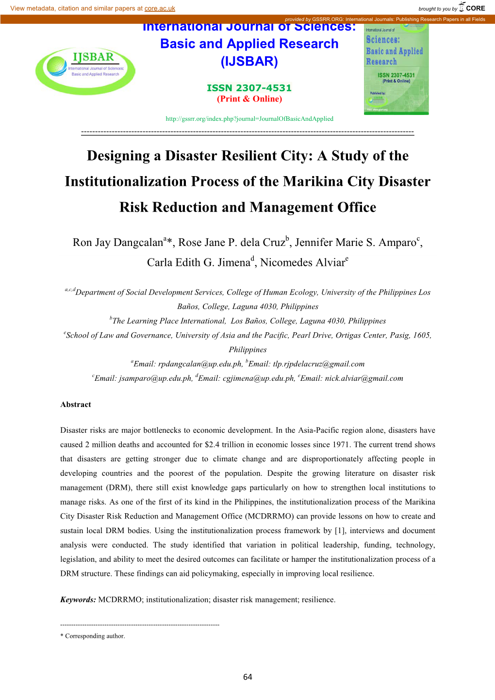 Designing a Disaster Resilient City: a Study of the Institutionalization Process of the Marikina City Disaster Risk Reduction and Management Office