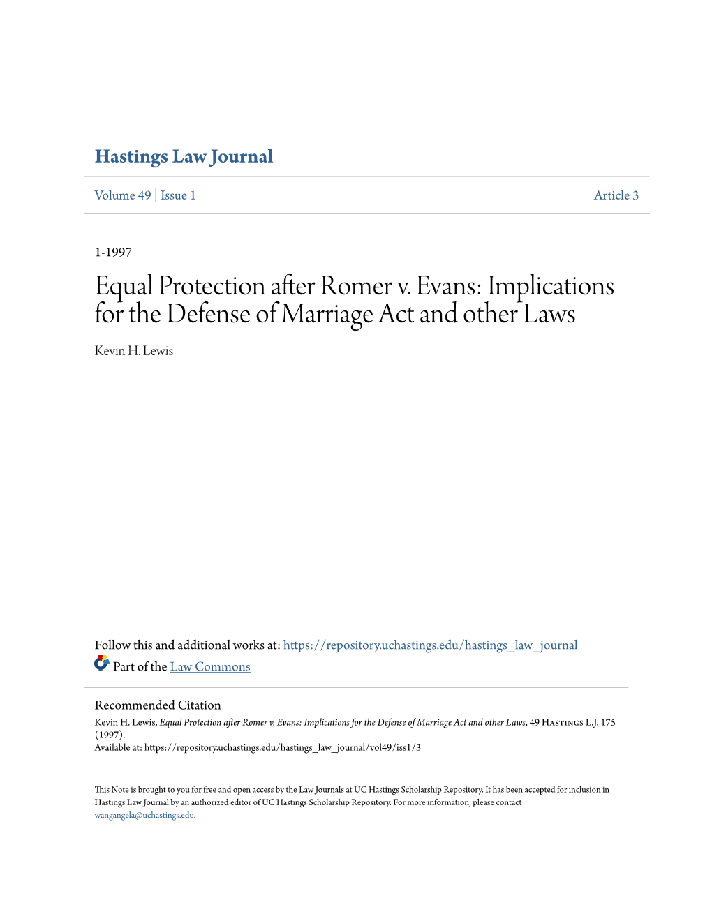Equal Protection After Romer V. Evans: Implications for the Defense of Marriage Act and Other Laws Kevin H
