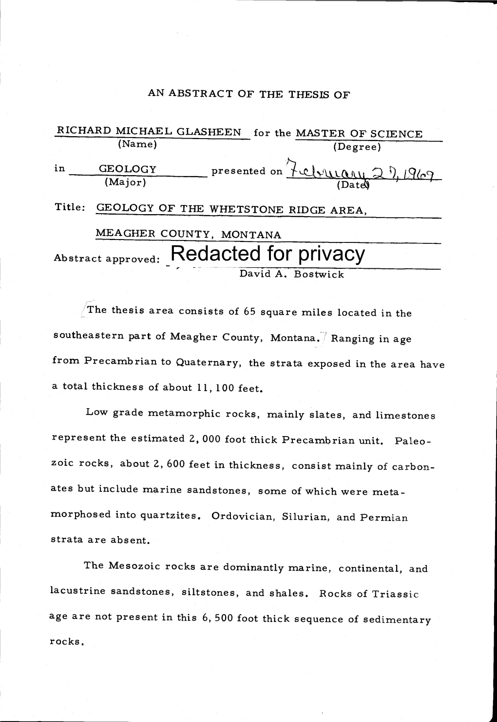 Geology of the Whetstone Ridge Area, Meagher County, Montana