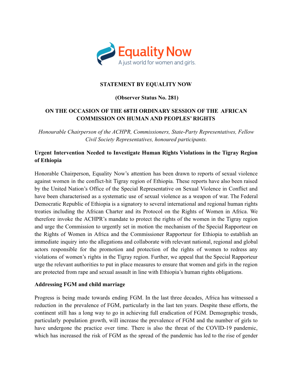 Equality Now ACHPR68 Statement