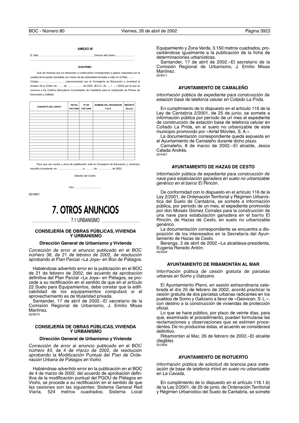 7. OTROS ANUNCIOS Una Nave Para Estabulación Ganadera En El Barrio El ______7.1 URBANISMO ______Rincón, De Hazas De Cesto, En Suelo No Urbanizable Genérico