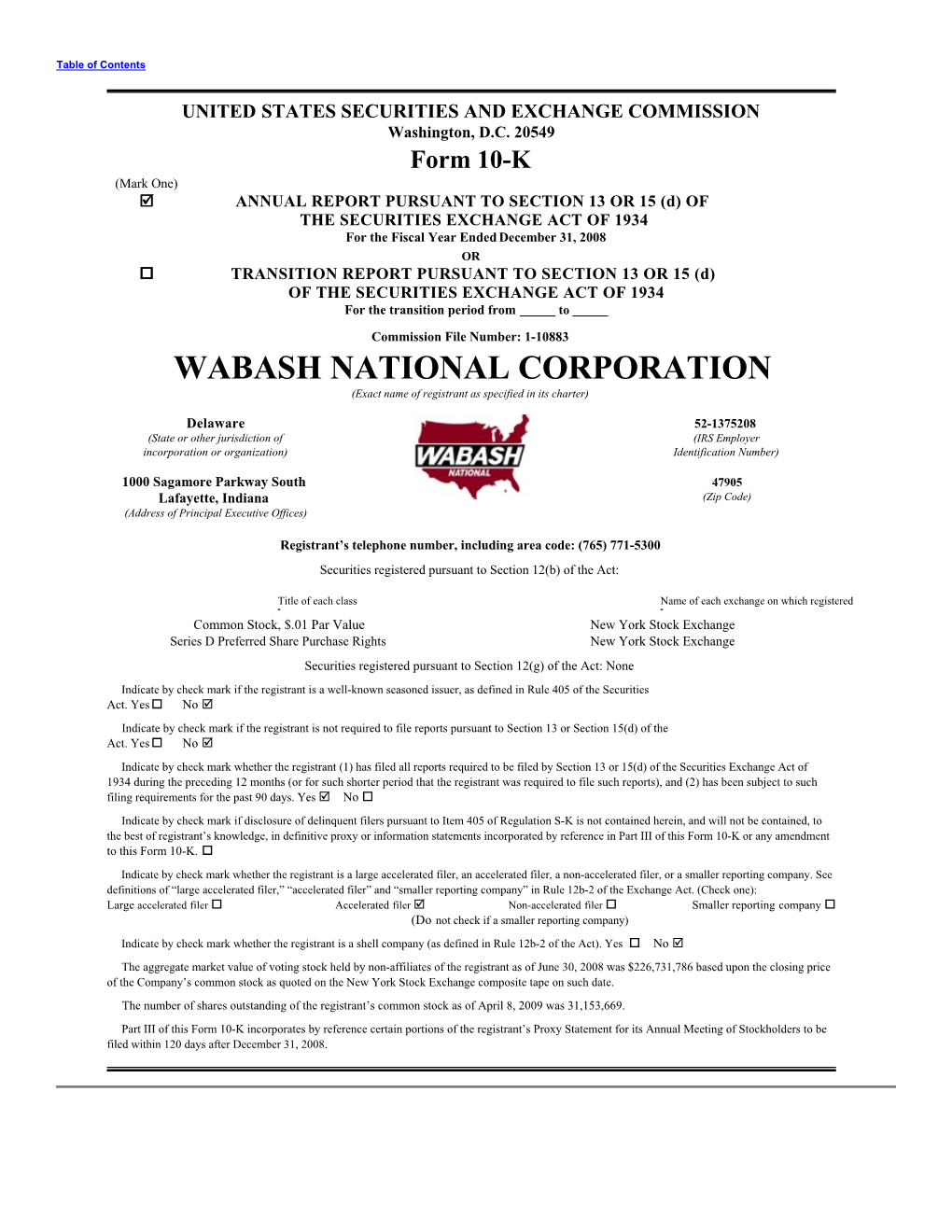 WABASH NATIONAL CORPORATION (Exact Name of Registrant As Specified in Its Charter)