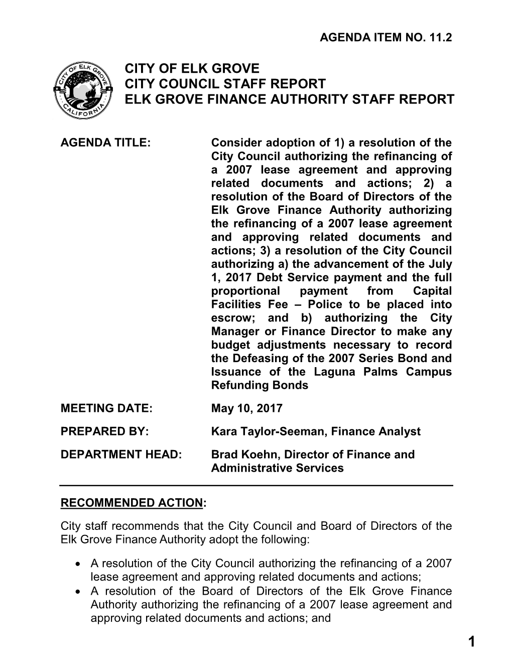 City of Elk Grove City Council Staff Report Elk Grove Finance Authority Staff Report