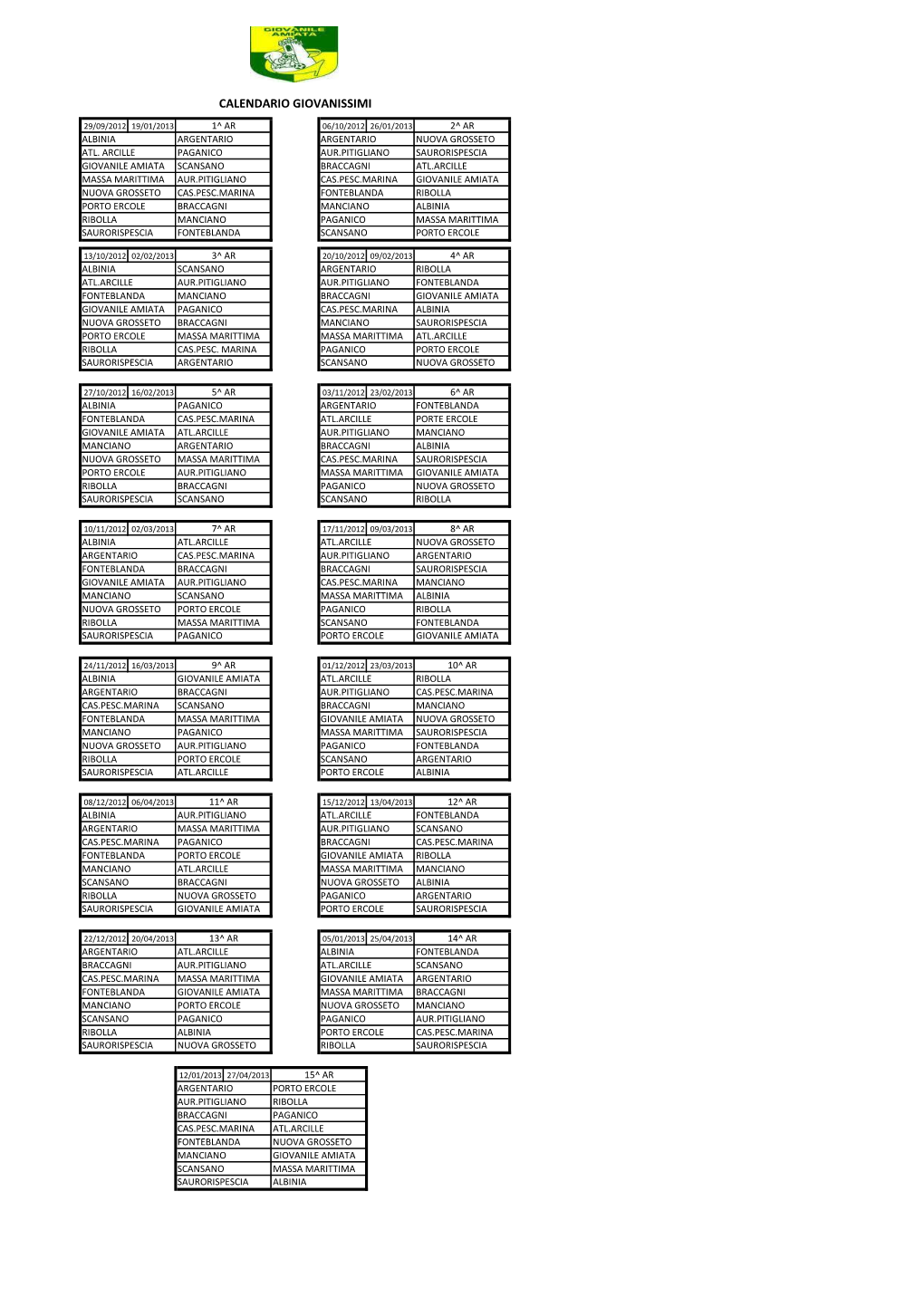 Calendario Giovanissimi