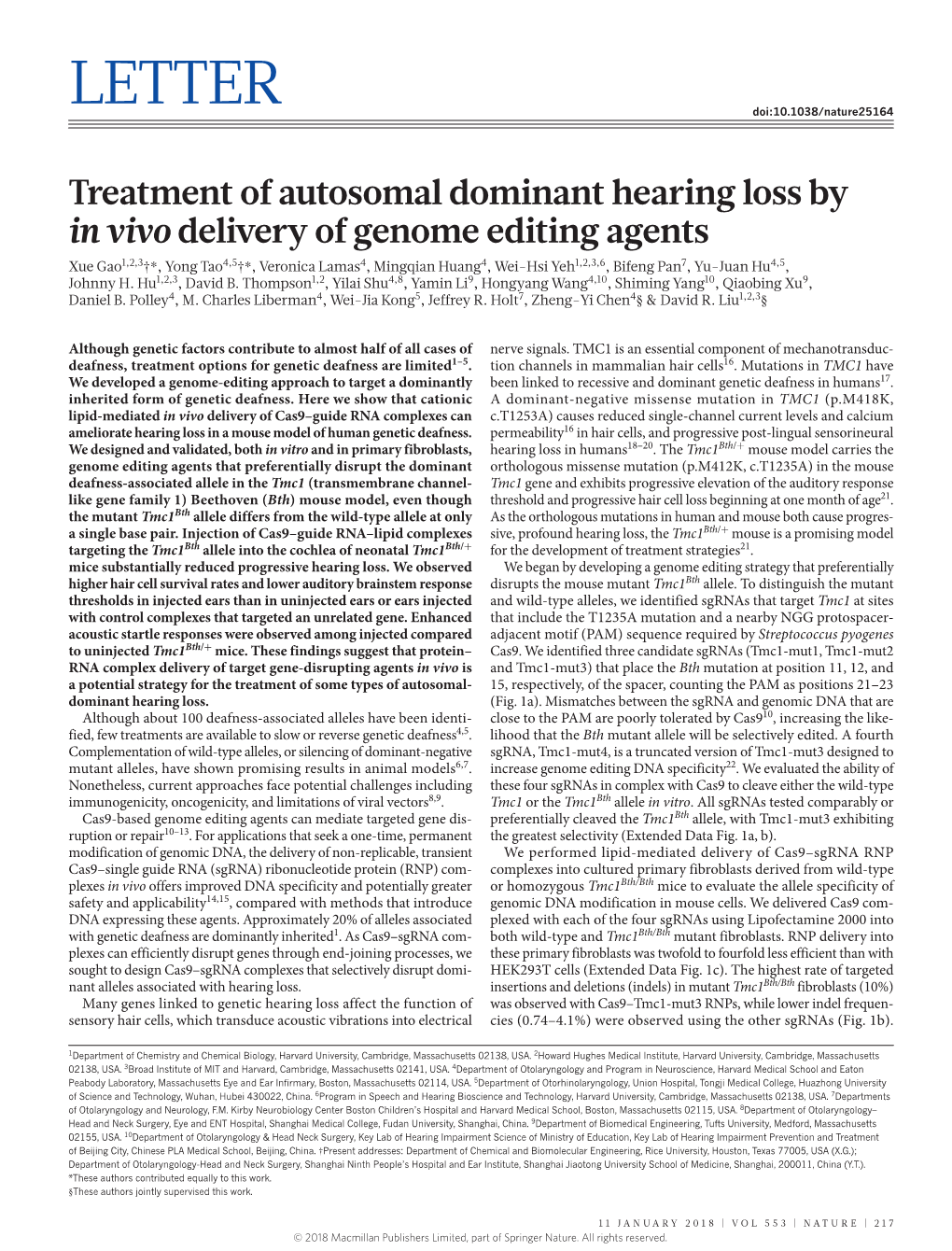 Treatment of Autosomal Dominant Hearing Loss by in Vivo Delivery of Genome Editing Agents