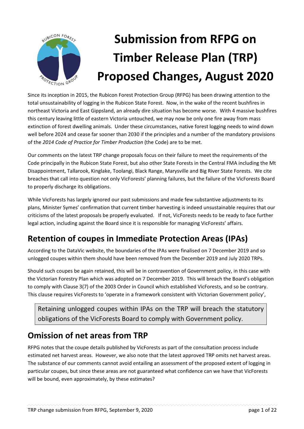 Submission from RFPG on Timber Release Plan (TRP)