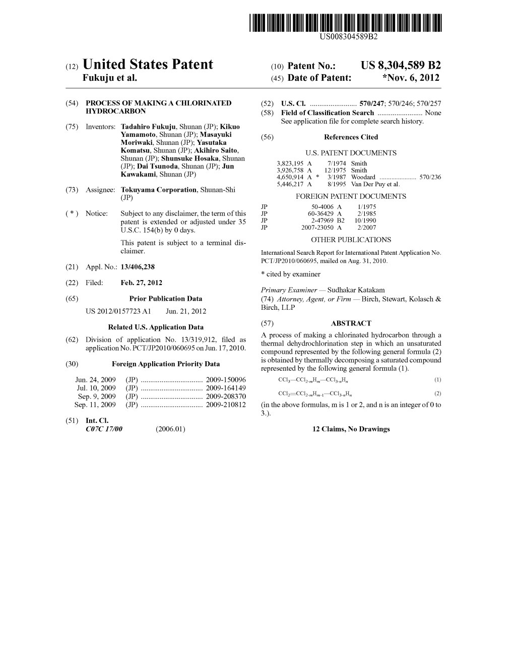 (12) United States Patent (10) Patent No.: US 8,304,589 B2 Fukuju Et Al