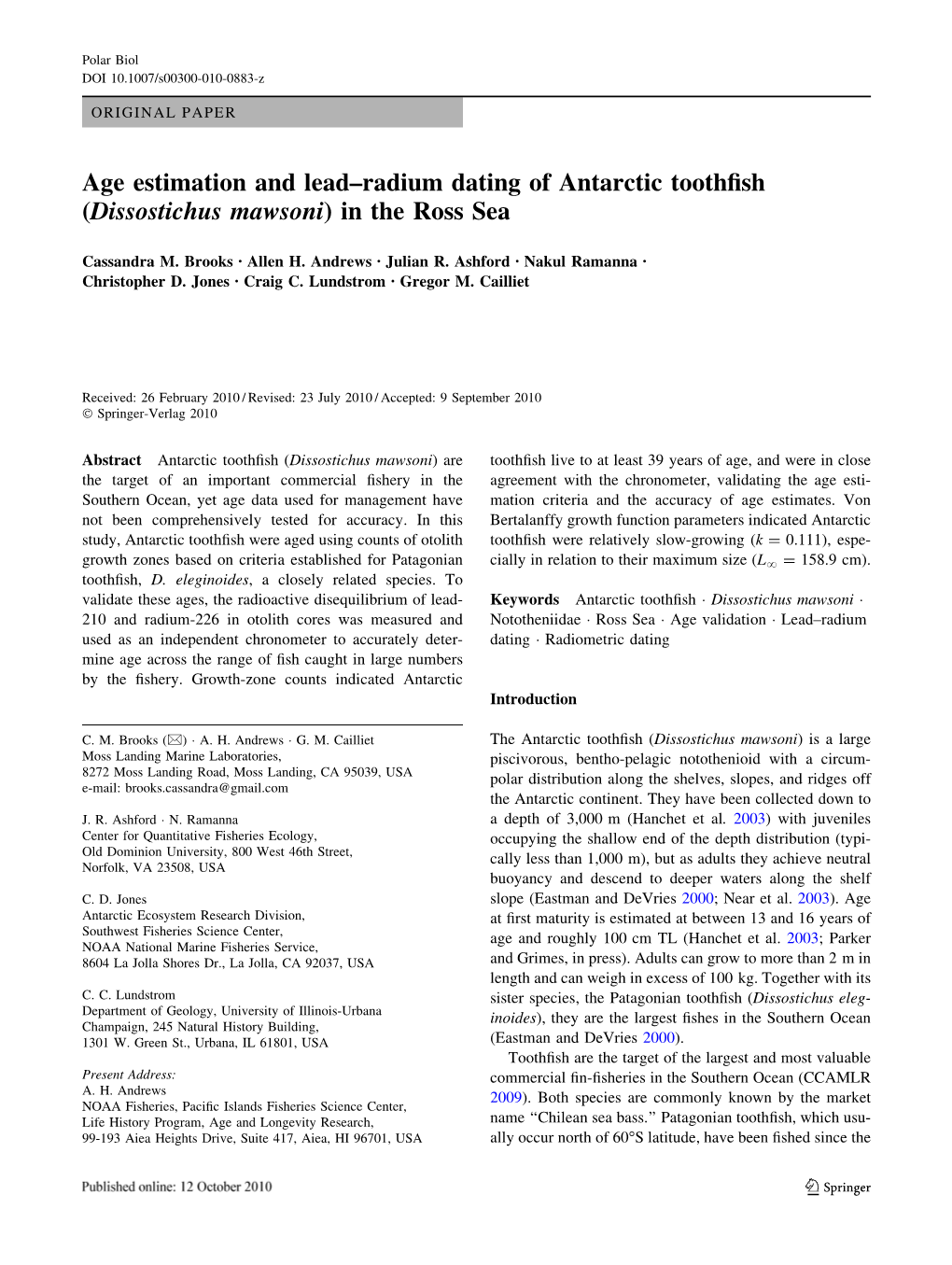 Age Estimation and Lead–Radium Dating of Antarctic Toothfish (Dissostichus Mawsoni) in the Ross