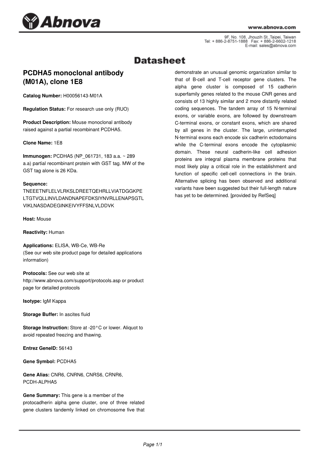 PCDHA5 Monoclonal Antibody (M01A), Clone