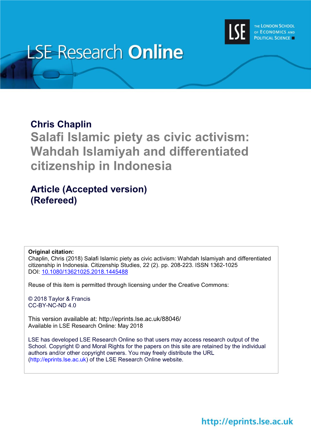 Salafi Islamic Piety As Civic Activism: Wahdah Islamiyah and Differentiated Citizenship in Indonesia