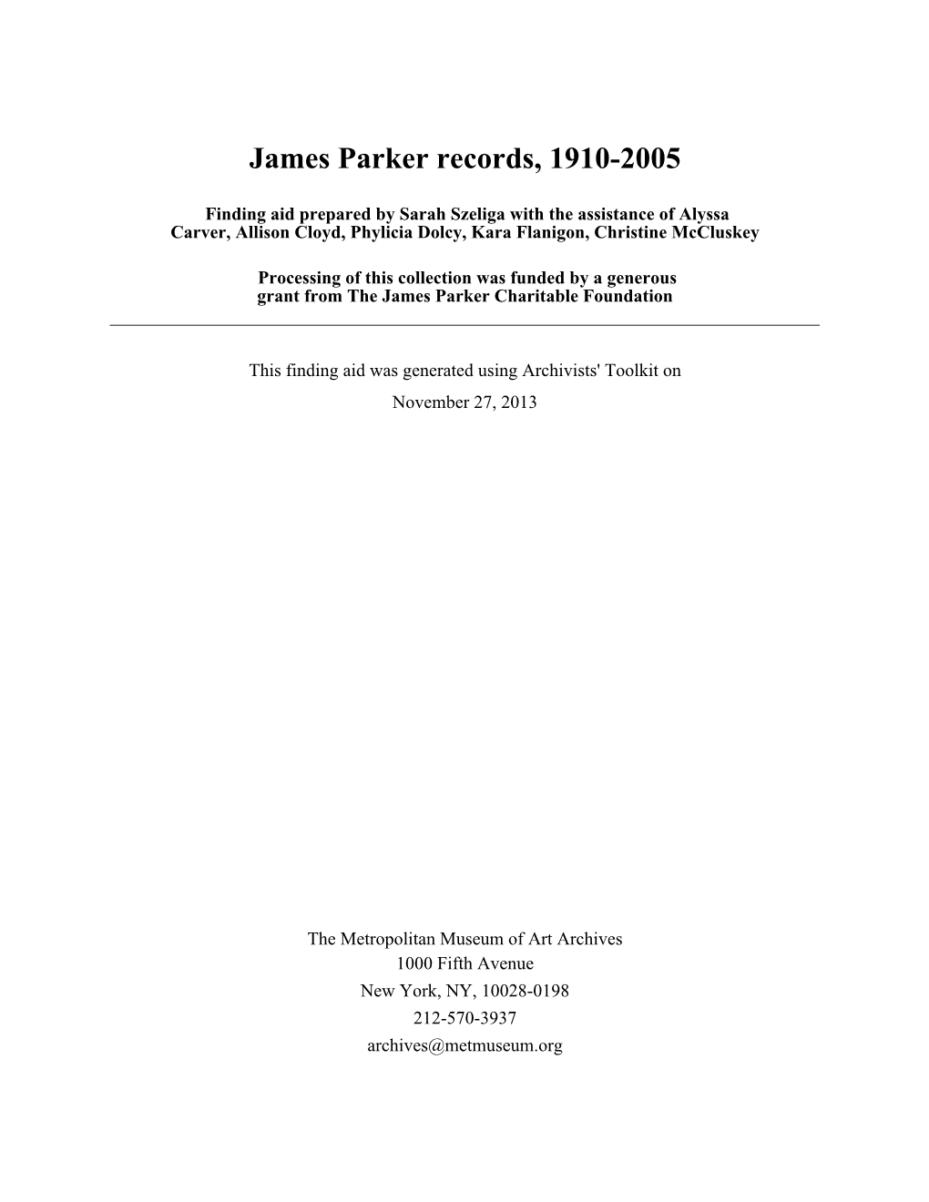 James Parker Records, 1910-2005