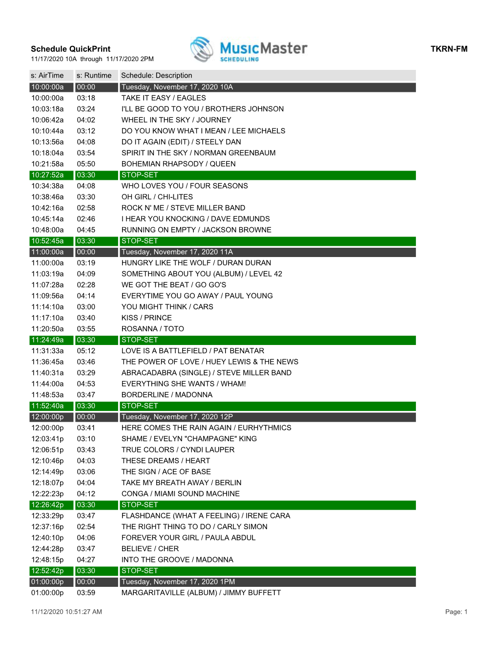 Schedule Quickprint TKRN-FM