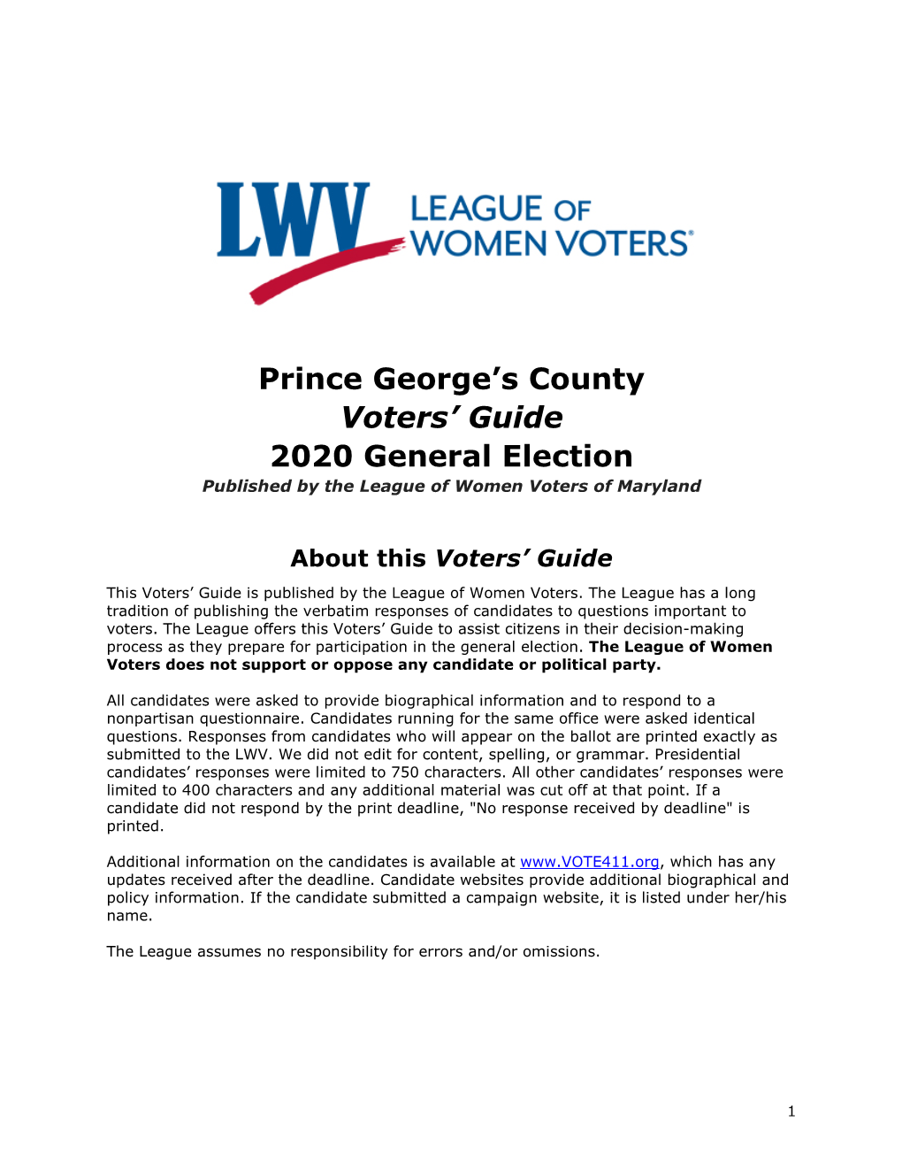 Prince George's County Voters' Guide 2020 Election