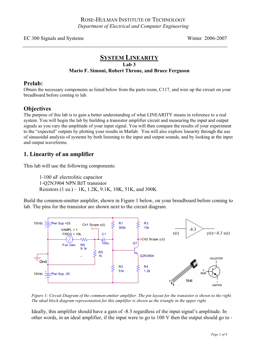 Prelab: Objectives 1. Linearity of an Amplifier