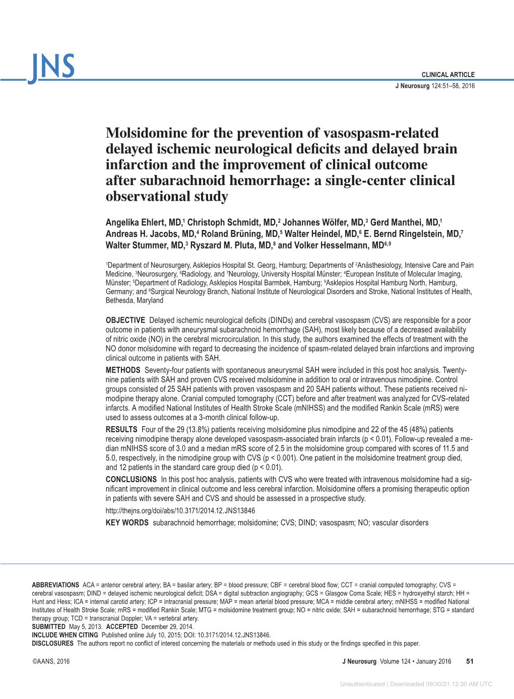 Molsidomine for the Prevention of Vasospasm-Related Delayed