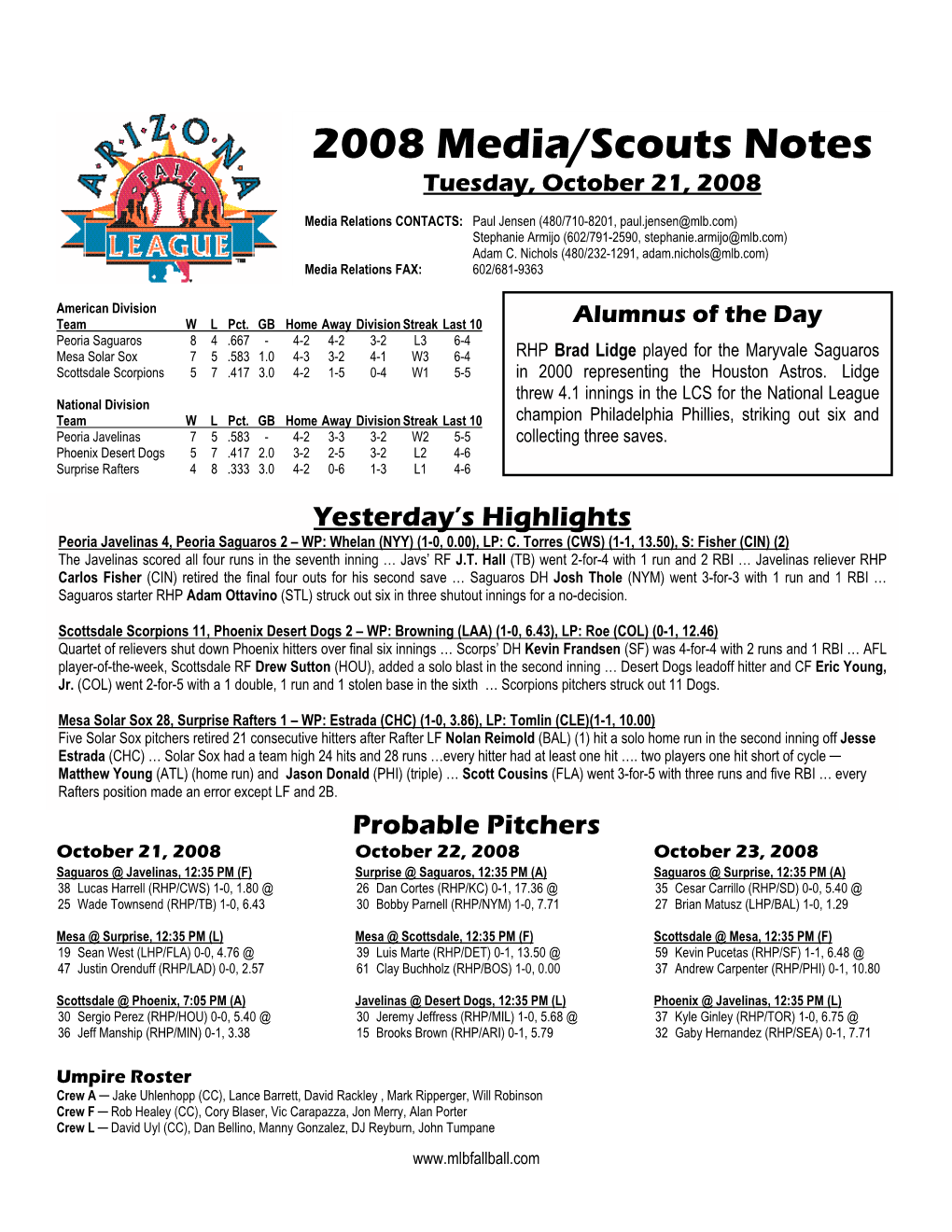 2008 Media/Scouts Notes Tuesday, October 21, 2008