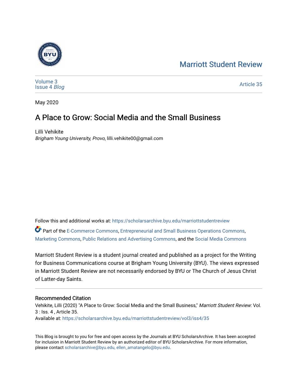 A Place to Grow: Social Media and the Small Business