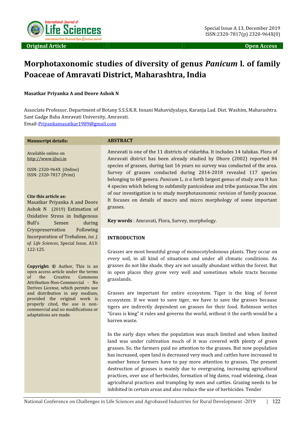 Morphotaxonomic Studies of Diversity of Genus Panicum L. of Family Poaceae of Amravati District, Maharashtra, India