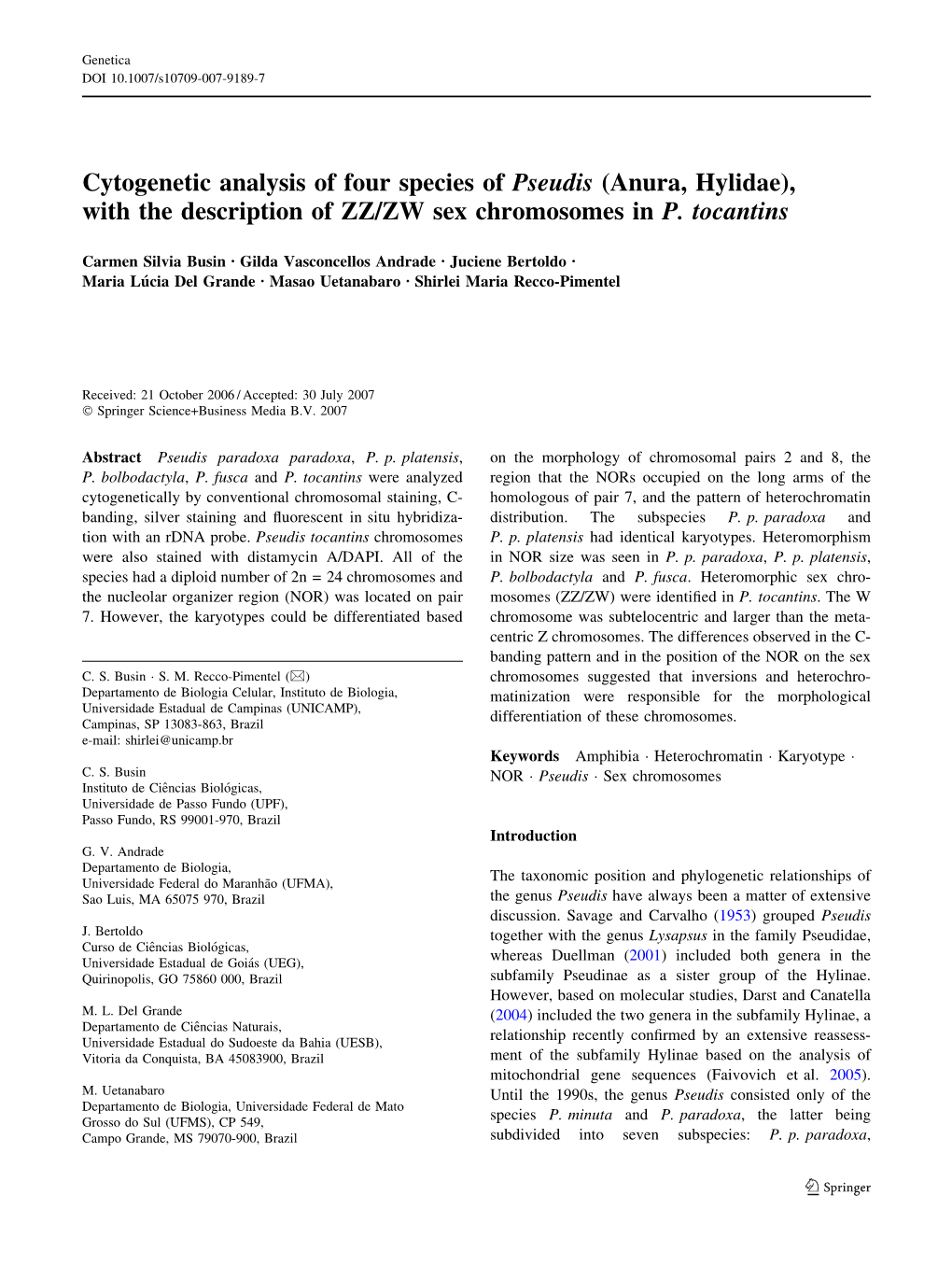 Cytogenetic Analysis of Four Species of Pseudis (Anura, Hylidae), with the Description of ZZ/ZW Sex Chromosomes in P. Tocantins