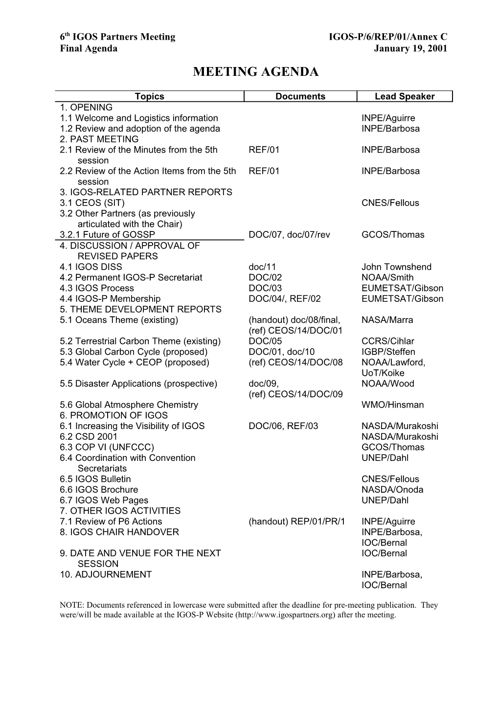 Preliminary Agenda for Igos-P 6