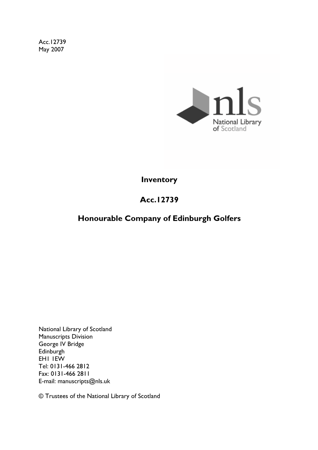 Inventory Acc.12739 Honourable Company of Edinburgh Golfers