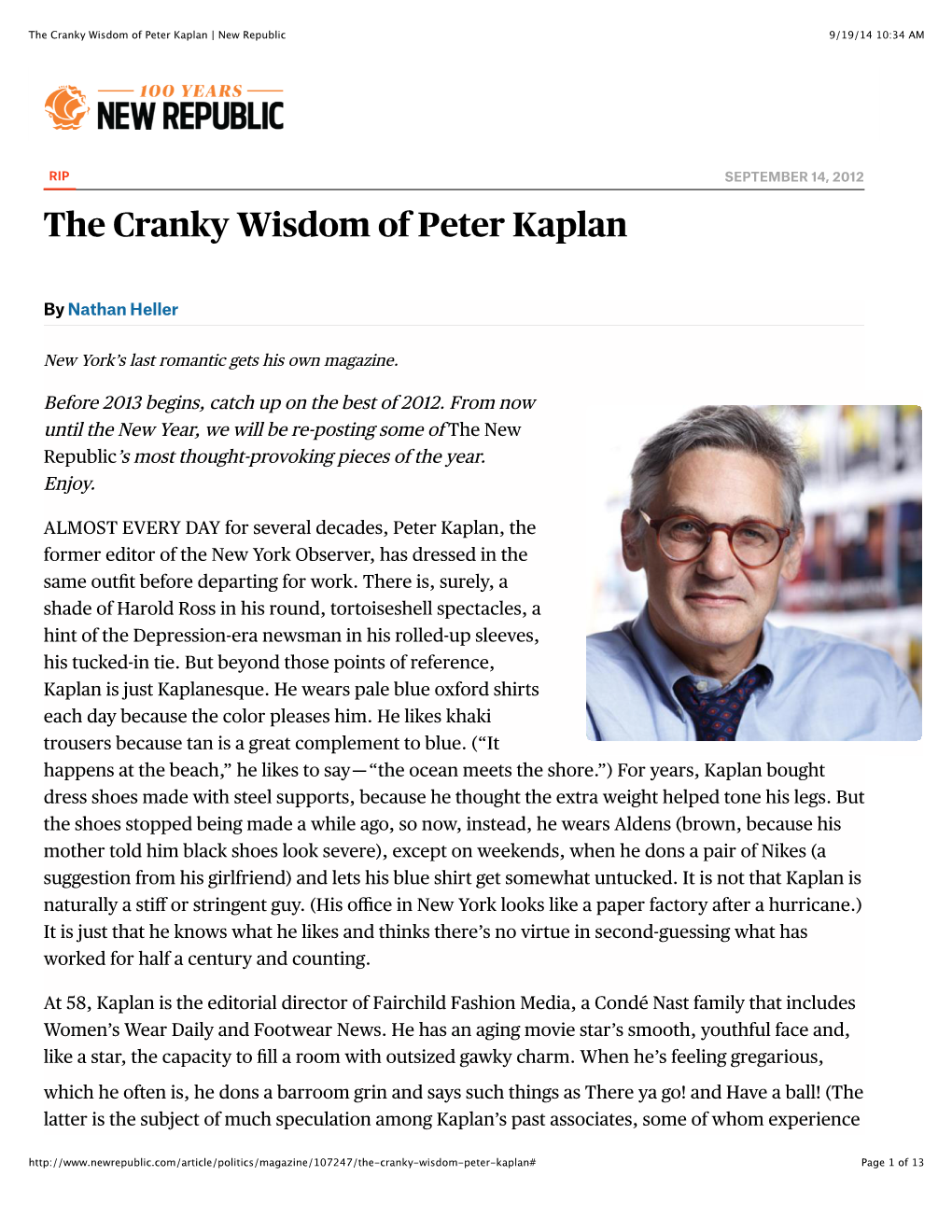 The Cranky Wisdom of Peter Kaplan | New Republic 9/19/14 10:34 AM