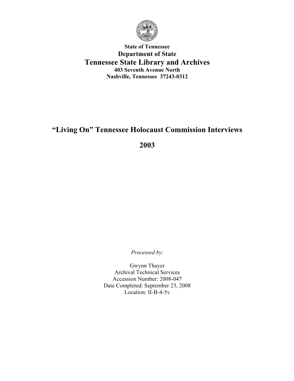 Tennessee Holocaust Commission Interviews 2003