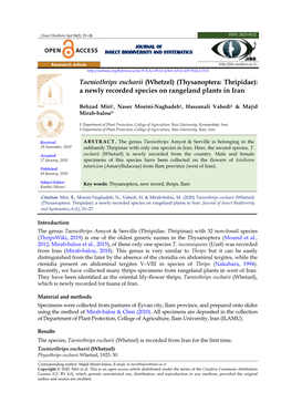 Taeniothrips Eucharii (Whetzel) (Thysanoptera: Thripidae): a Newly Recorded Species on Rangeland Plants in Iran