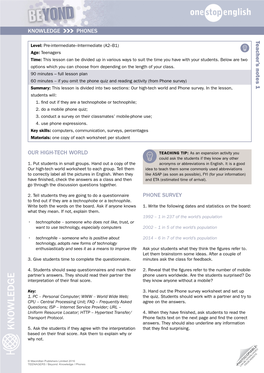 Beyond: Knowledge / Phones from WEBSITE •PHOTOCOPIABLECAN BE DOWNLOADED• KNOWLEDGE PHONES Teacher’S Notes 2 Key: HOMEWORK TASK 1